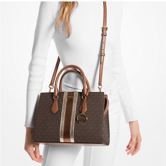 Michael Kors Sheila Medium Signature Logo Metallic Satchel Crossbody Bag - Picture 2 of 13